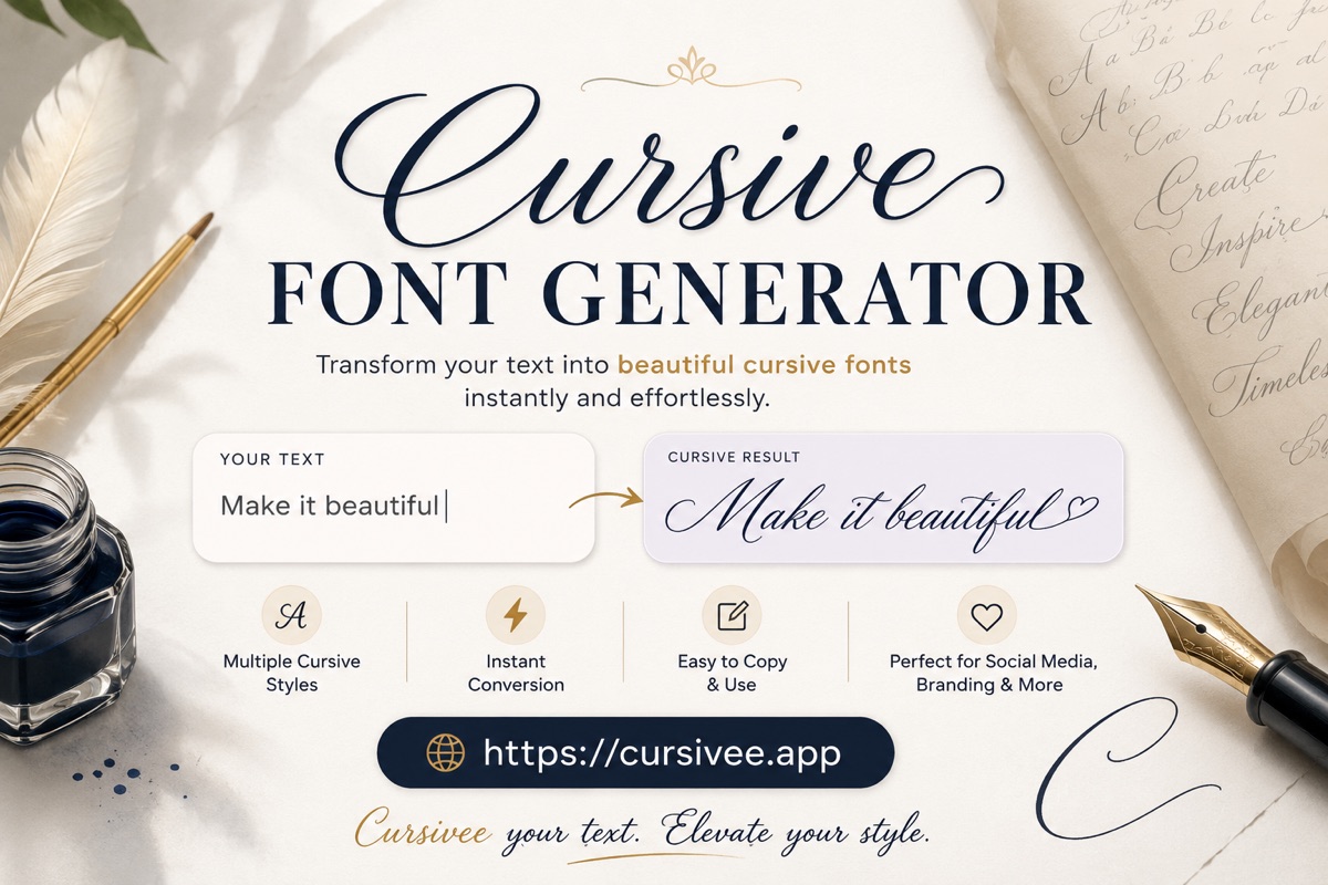 Cursive font generator turning typed text into flowing cursive script, beside an ink bottle and fountain pen, with the words “Make it beautiful” converted into a cursive result